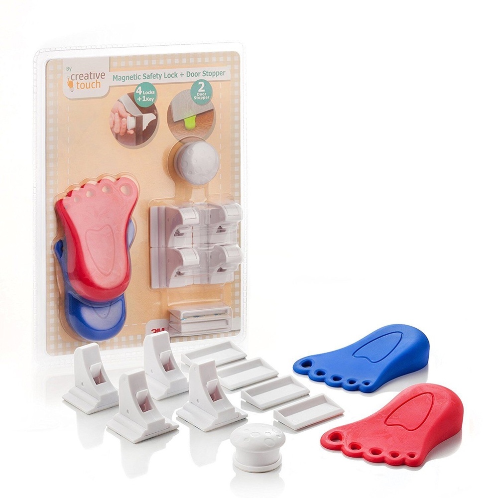 4 Magnetic Cabinet Locks Child Safety Baby Proof with 1 Key, +2 Door Stoppers